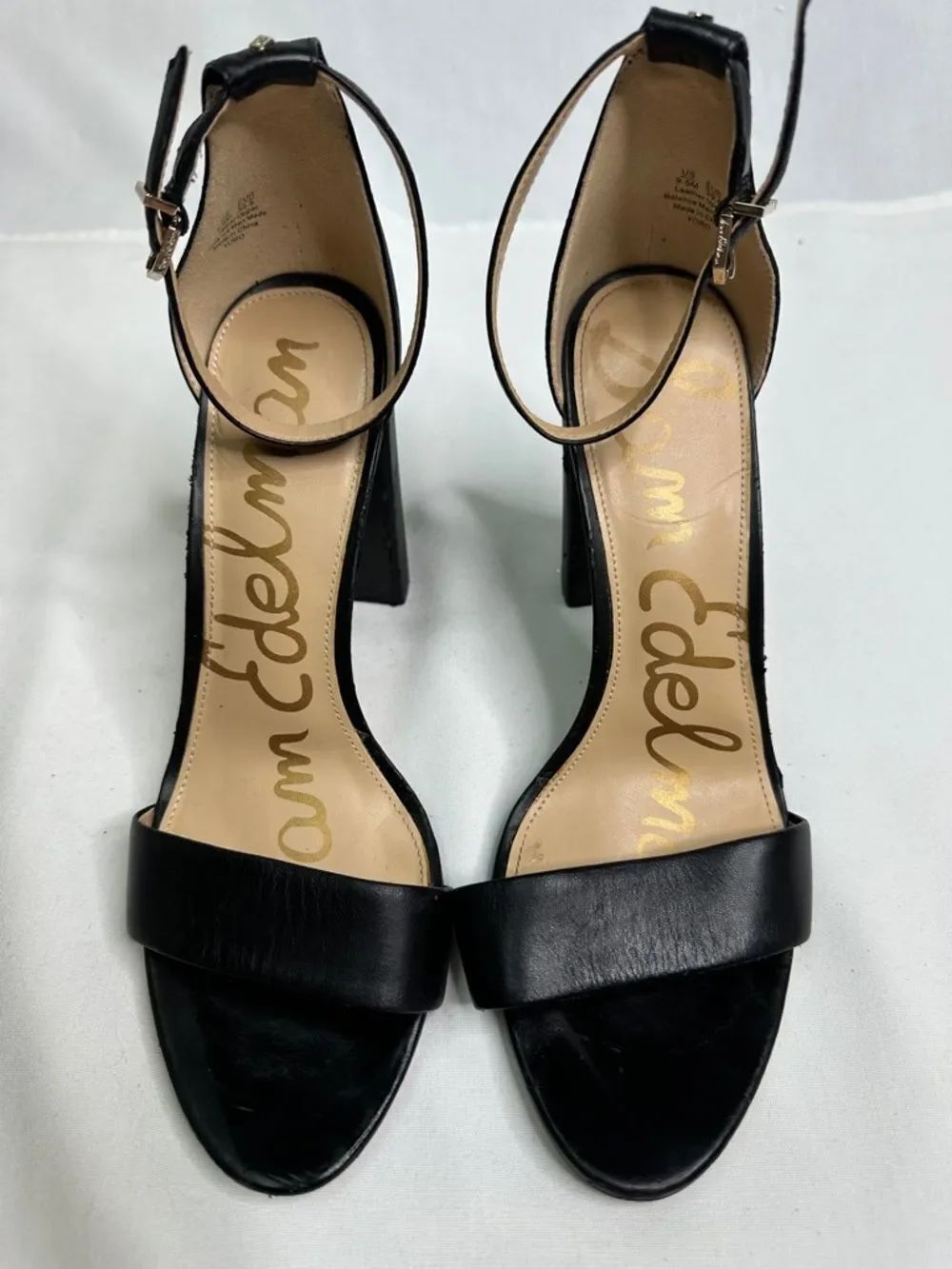 Sam Edelman Black Leather Ankle-Strap Block Heel Sandals